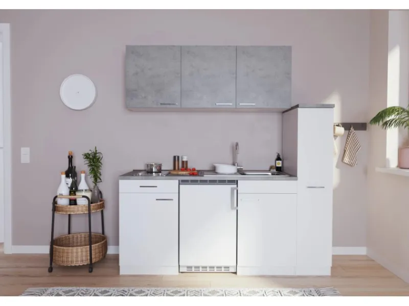 Respekta Küchenzeile KB180WWBCG 180 cm Weiß-Beton Optik< Single-Küchen|Kühlschränke