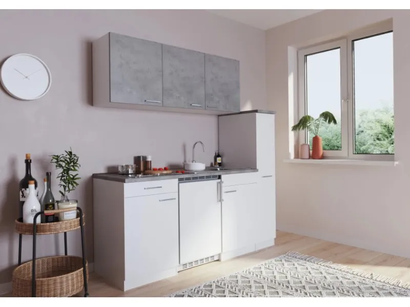 Respekta Küchenzeile KB180WWBCG 180 cm Weiß-Beton Optik< Single-Küchen|Kühlschränke