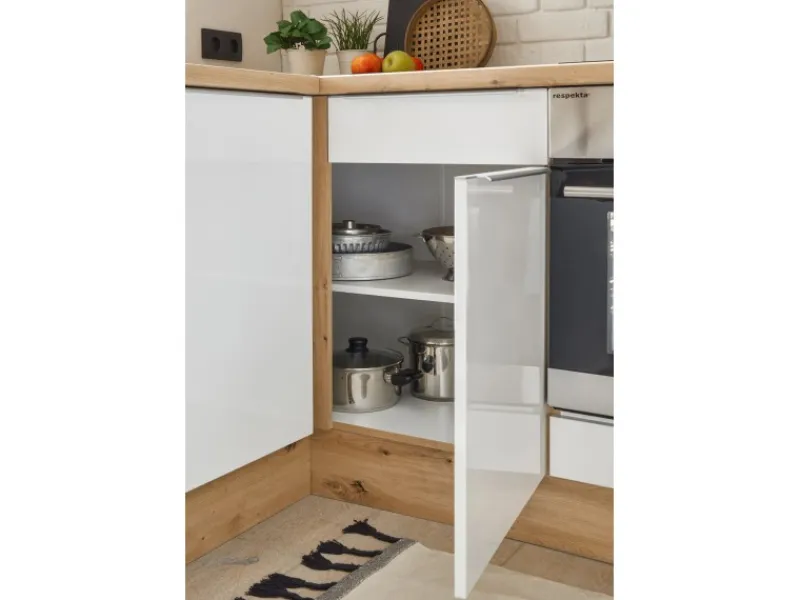 Clearance Respekta Küchenzeile Marleen 220 cm Artisan-Eiche Weiß Hochglanz Winkel Weiß Eiche