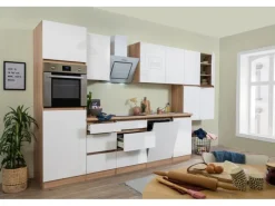 New Respekta Premium Respekta Küchenzeile ohne E-Geräte 380 cm Grifflos Weiß Hochglanz-Eiche Sägerau Hochglanz Weiß