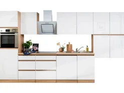 New Respekta Premium Respekta Küchenzeile ohne E-Geräte 380 cm Grifflos Weiß Hochglanz-Eiche Sägerau Hochglanz Weiß
