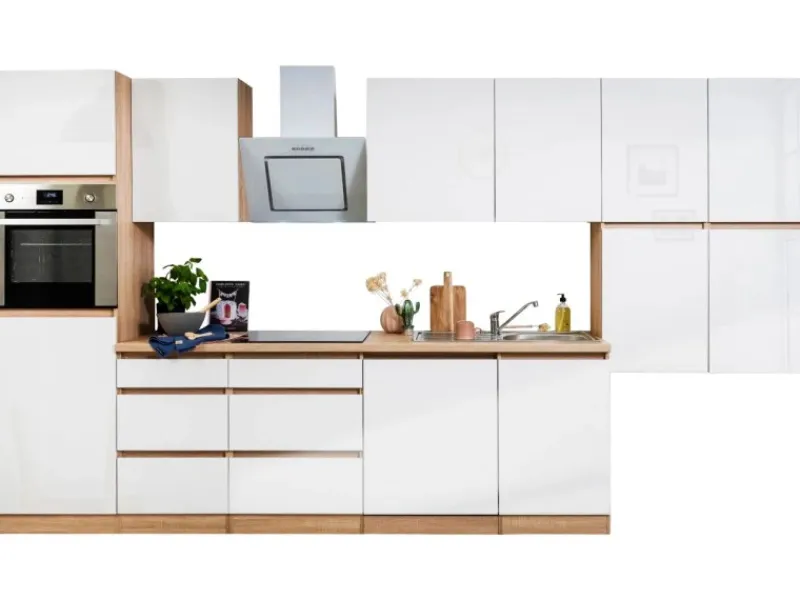 New Respekta Premium Respekta Küchenzeile ohne E-Geräte 380 cm Grifflos Weiß Hochglanz-Eiche Sägerau Hochglanz Weiß