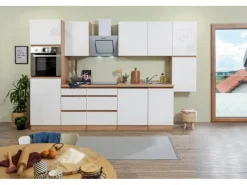 Respekta Premium Respekta Küchenzeile ohne E-Geräte 330 cm Grifflos Weiß Hochglanz-Eiche Sägerau Hochglanz Weiß