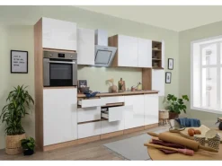Respekta Premium Respekta Küchenzeile ohne E-Geräte 330 cm Grifflos Weiß Hochglanz-Eiche Sägerau Hochglanz Weiß
