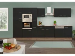 Respekta Küchenschränke|Einbauküchen<Küchenzeile ohne E-Geräte 370 cm Schwarz Seidengl.-Eiche York