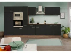 Respekta Küchenzeile ohne E-Geräte 360 cm Schwarz Seidengl.-Eiche York< Einbauküchen