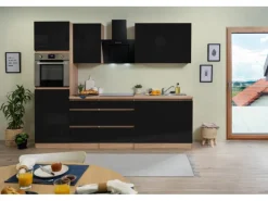 Sale Respekta Premium Respekta Küchenzeile ohne E-Geräte 270 cm Grifflos Schwarz Hochgl.-Eiche Sägerau Schwarz Hochglanz