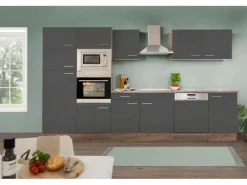 Respekta Küchenzeile ohne E-Geräte 340 cm Grau Seidengl.-Eiche York< Kühlschränke