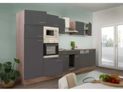 Respekta Küchenzeile ohne E-Geräte 340 cm Grau Seidengl.-Eiche York< Kühlschränke