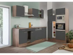 Respekta Küchenzeile ohne E-Geräte 340 cm Grau Seidengl.-Eiche York< Kühlschränke