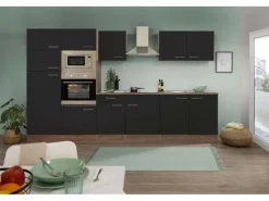 New Respekta Küchenzeile ohne E-Geräte 330 cm Schwarz Seidengl.-Eiche York Schwarz Seidenglanz