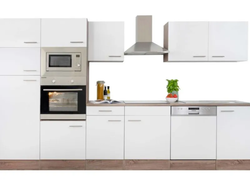 Hot Respekta Küchenzeile ohne E-Geräte 340 cm Weiß Seidengl.-Eiche York Weiß Seidenglanz