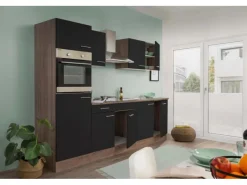 New Respekta Küchenzeile ohne E-Geräte 270 cm Schwarz Seidengl.-Eiche York Schwarz Seidenglanz