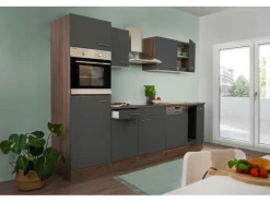 Respekta Küchenzeile ohne E-Geräte 280 cm Grau Seidengl.-Eiche York< Einbauküchen