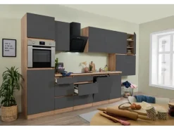 Respekta Premium Küchenschränke|Einbauküchen<Respekta Küchenzeile ohne E-Geräte 380 cm Grifflos -Eiche Sägerau