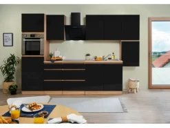 Hot Respekta Premium Respekta Küchenzeile ohne E-Geräte 320 cm Grifflos Schwarz Hochgl.-Eiche Sägerau Schwarz Hochglanz