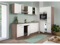 Discount Respekta Küchenzeile ohne E-Geräte 300 cm Weiß Seidengl.-Eiche York Weiß Seidenglanz