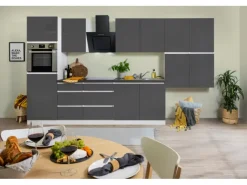 Best Respekta Premium Respekta Küchenzeile ohne E-Geräte 370 cm Grifflos -Weiß Grau Hochglanz