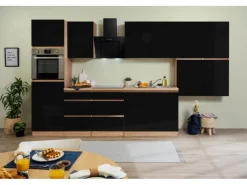 New Respekta Premium Respekta Küchenzeile ohne E-Geräte 370 cm Grifflos Schwarz Hochgl.-Eiche Sägerau Schwarz Hochglanz