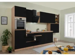 New Respekta Premium Respekta Küchenzeile ohne E-Geräte 370 cm Grifflos Schwarz Hochgl.-Eiche Sägerau Schwarz Hochglanz