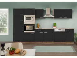 Respekta Einbauküchen<Küchenzeile ohne E-Geräte 340 cm Schwarz Seidengl.-Eiche York