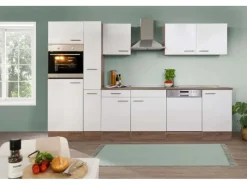 Respekta Küchenzeile ohne E-Geräte 310 cm Weiß Seidengl.-Eiche York Weiß Seidenglanz