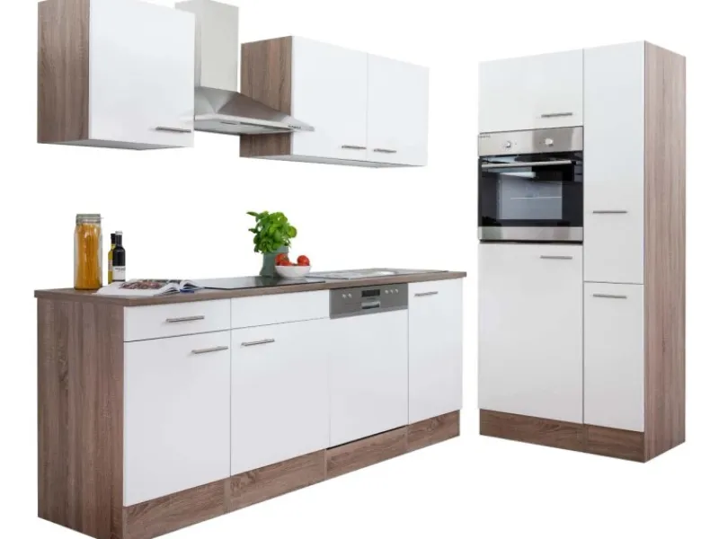 Respekta Küchenzeile ohne E-Geräte 310 cm Weiß Seidengl.-Eiche York Weiß Seidenglanz