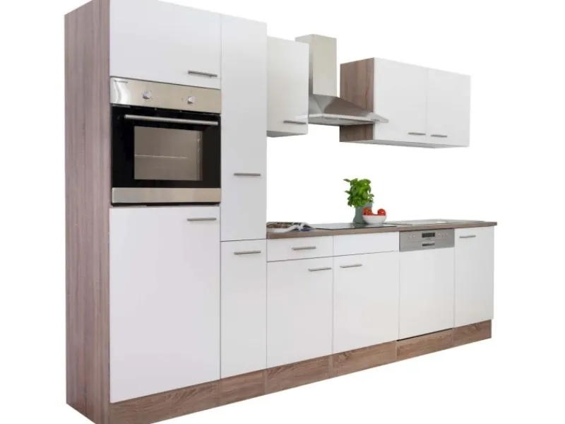 Respekta Küchenzeile ohne E-Geräte 310 cm Weiß Seidengl.-Eiche York Weiß Seidenglanz