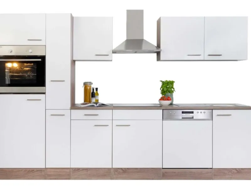 Respekta Küchenzeile ohne E-Geräte 310 cm Weiß Seidengl.-Eiche York Weiß Seidenglanz