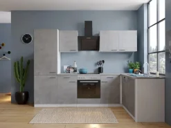 Respekta L-Küchenblock Malia 280 cm Beton Fronten inkl. Kühl-/Gefrierkombination< Winkelküchen|Einbauküchen
