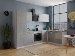Respekta L-Küchenblock Malia 280 cm Beton Fronten inkl. Kühl-/Gefrierkombination< Winkelküchen|Einbauküchen