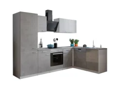 Respekta L-Küchenblock Malia 280 cm Beton Fronten inkl. Kühl-/Gefrierkombination< Winkelküchen|Einbauküchen