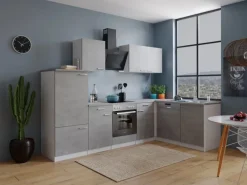 Respekta Winkelküchen|Kochfelder<L-Küchenblock Malia mit E-Geräten 280 cm Beton Fronten