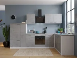 Respekta L-Küchenblock Malia mit E-Geräten 310 cm Beton Fronten< Kühlschränke|Winkelküchen