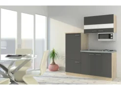 New Respekta Miniküche KB160ESGMI 160 cm -Eiche Sonoma Nachbildung Mikrowelle Grau