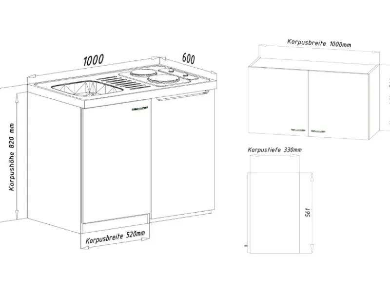 Best Respekta Miniküche MK100ESWOSC 100 cm -Eiche Sägerau Nachbildung Weiß