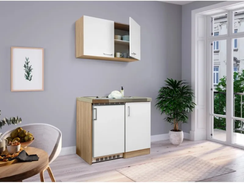 Best Respekta Miniküche MK100ESWOSC 100 cm -Eiche Sägerau Nachbildung Weiß