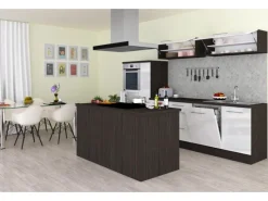 Respekta Premium Inselhauben|Kücheninseln<Inselküche 310 cm Weiß Hochglanz-Eiche Grau