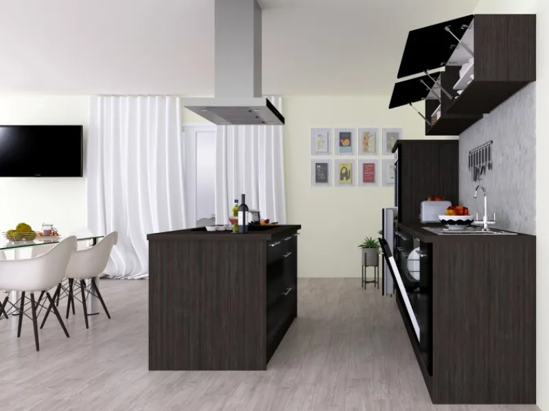 New Respekta Premium Inselküche 310 cm -Eiche Grau Schwarz Hochglanz