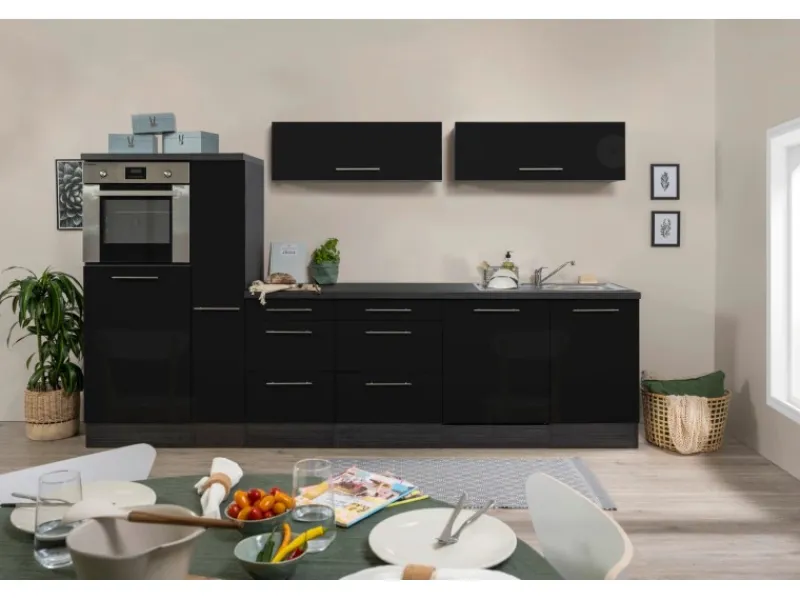 New Respekta Premium Inselküche 310 cm -Eiche Grau Schwarz Hochglanz