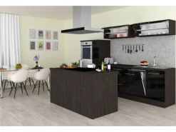 New Respekta Premium Inselküche 310 cm -Eiche Grau Schwarz Hochglanz