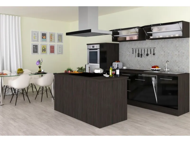 New Respekta Premium Inselküche 310 cm -Eiche Grau Schwarz Hochglanz