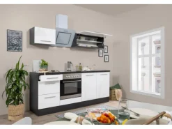 Discount Respekta Premium Küchenzeile 210 cm Weiß Hochglanz-Eiche Grau mit 60 l Ofen