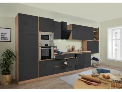 Clearance Respekta Premium Küchenzeile Grifflos 445 cm -Eiche Sägerau Grau Hochglanz