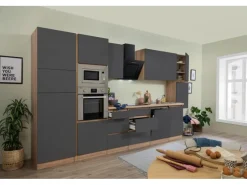 Respekta Premium Kochfelder|Kühlschränke<Küchenzeile Grifflos 395 cm -Eiche Sägerau