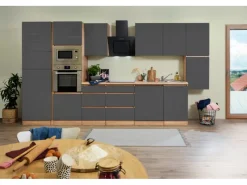 Respekta Premium Kochfelder|Kühlschränke<Küchenzeile Grifflos 395 cm -Eiche Sägerau