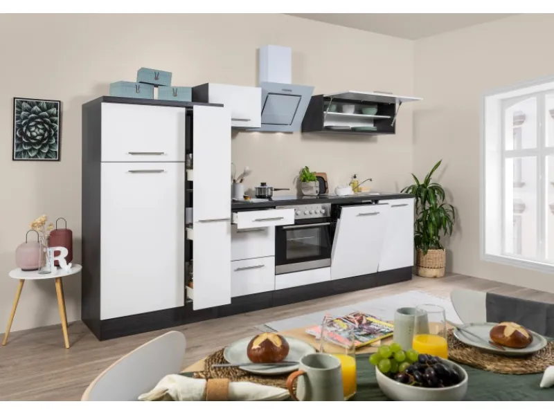 Respekta Premium Küchenzeile 310 cm Weiß Hochglanz-Eiche Grau< Kühlschränke|Winkelküchen
