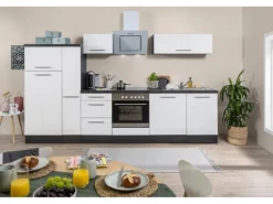 Respekta Premium Küchenzeile 310 cm Weiß Hochglanz-Eiche Grau< Kühlschränke|Winkelküchen