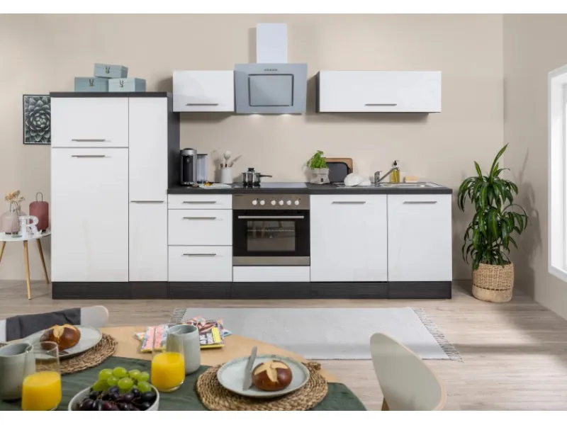 Respekta Premium Küchenzeile 310 cm Weiß Hochglanz-Eiche Grau< Kühlschränke|Winkelküchen