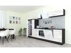 Respekta Premium Küchenzeile 310 cm Weiß Hochglanz-Eiche Grau< Kühlschränke|Winkelküchen